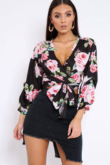 Black Floral Plunge Wrap Tie Top - Emila-Tops