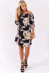 Black Floral Print Bardot Dress - Cammi-Dresses