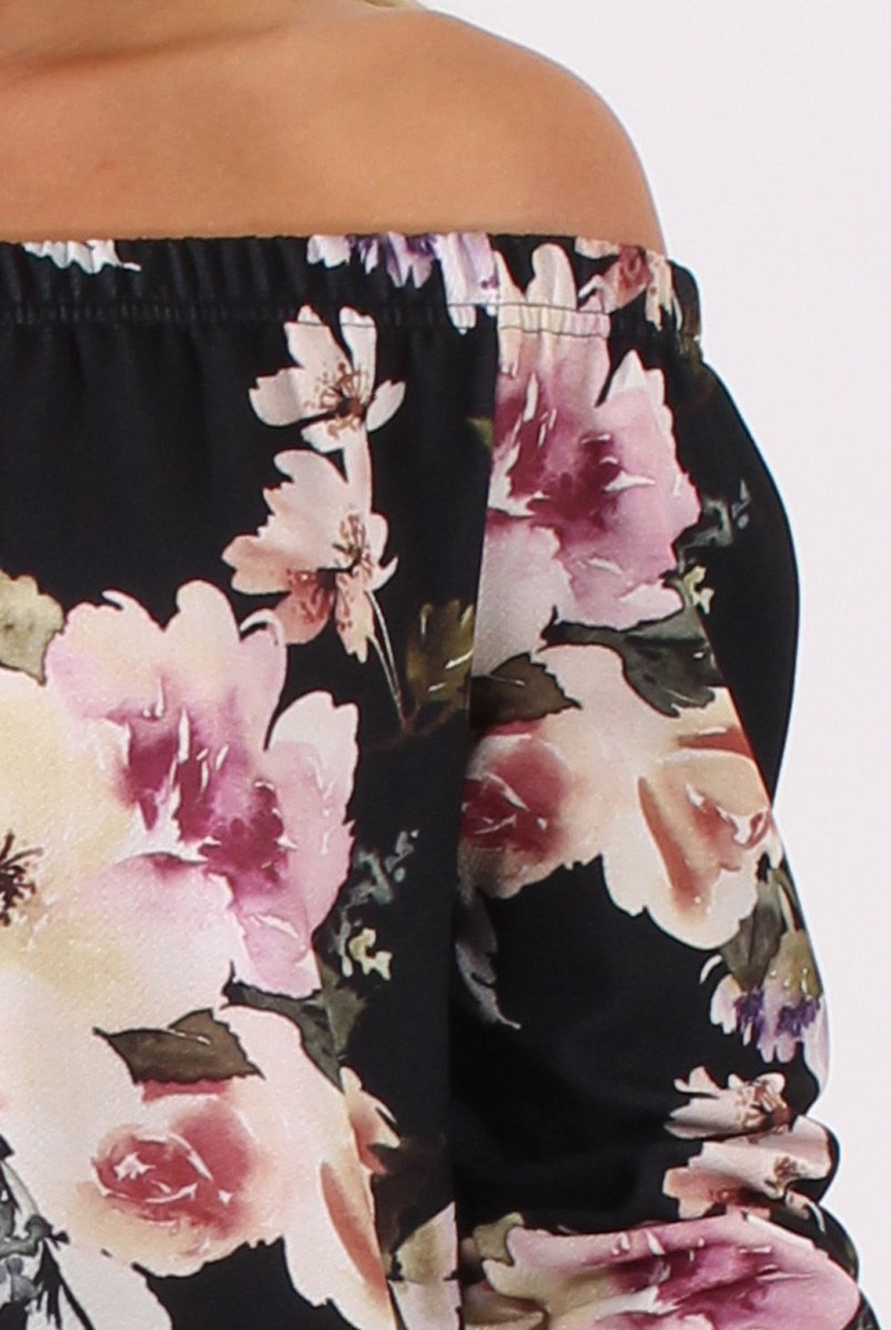 Black Floral Print Bardot Dress - Cammi-Dresses