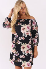 Black Floral Print Bardot Dress - Cammi-Dresses
