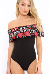 Black Floral Print Bardot Frill Bodysuit - Klaudia-Bodysuits