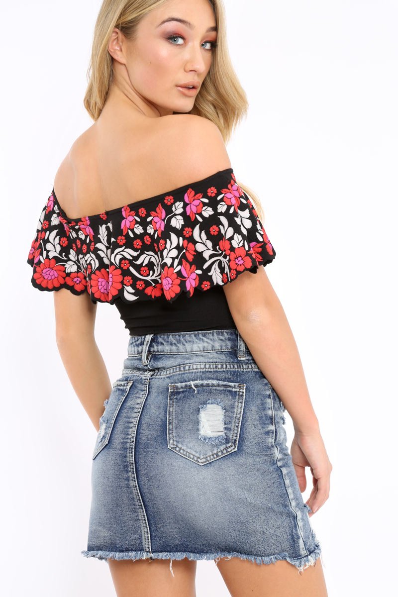 Black Floral Print Bardot Frill Bodysuit - Klaudia-Bodysuits