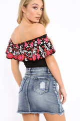 Black Floral Print Bardot Frill Bodysuit - Klaudia-Bodysuits