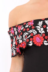 Black Floral Print Bardot Frill Bodysuit - Klaudia-Bodysuits