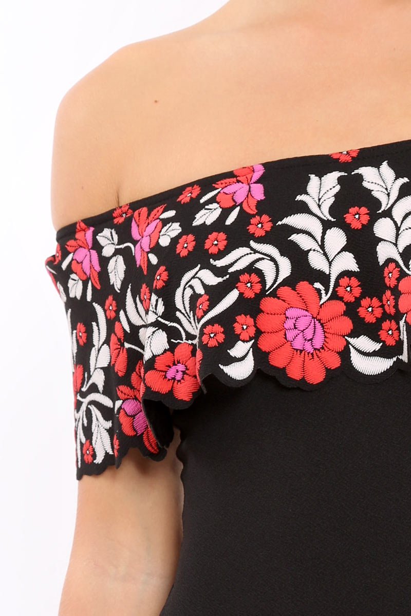 Black Floral Print Bardot Frill Bodysuit - Klaudia-Bodysuits