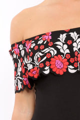 Black Floral Print Bardot Frill Bodysuit - Klaudia-Bodysuits