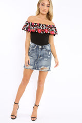 Black Floral Print Bardot Frill Bodysuit - Klaudia-Bodysuits