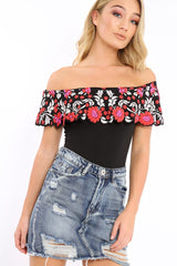 Black Floral Print Bardot Frill Bodysuit - Klaudia-Bodysuits