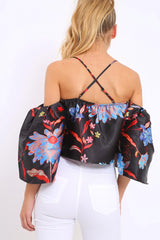 Black Floral Print Bell Sleeve Crop Top - Shantall-Crop Tops