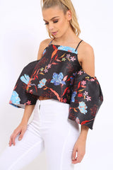 Black Floral Print Bell Sleeve Crop Top - Shantall-Crop Tops