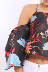 Black Floral Print Bell Sleeve Crop Top - Shantall-Crop Tops