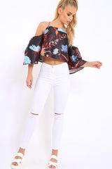 Black Floral Print Bell Sleeve Crop Top - Shantall-Crop Tops