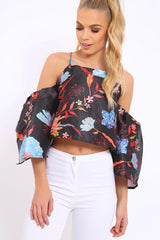 Black Floral Print Bell Sleeve Crop Top - Shantall-Crop Tops