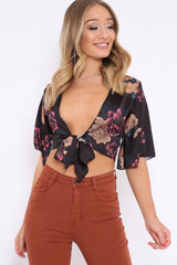 Black Floral Print Satin Tie Crop Top - Kynslee-Crop Tops