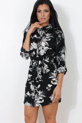 Black Floral Print Shirt Dress - CLAIR-Dresses