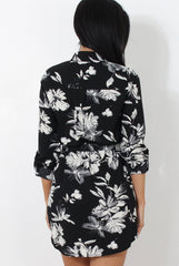 Black Floral Print Shirt Dress - CLAIR-Dresses
