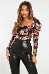 Black Floral Puff Sleeve Bodysuit - Deana-Bodysuits