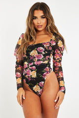 Black Floral Puff Sleeve Bodysuit - Deana-Bodysuits