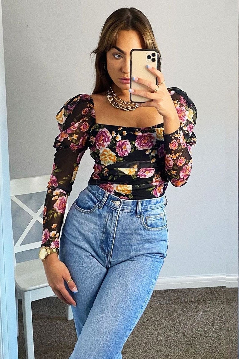 Black Floral Puff Sleeve Bodysuit - Deana-Bodysuits