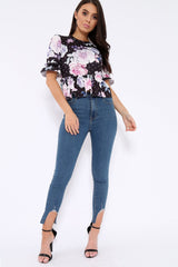 Black Floral Ruffle Peplum Top - Kyriee-Tops