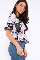 Black Floral Ruffle Peplum Top - Kyriee-Tops