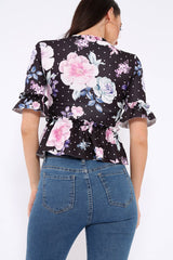Black Floral Ruffle Peplum Top - Kyriee-Tops