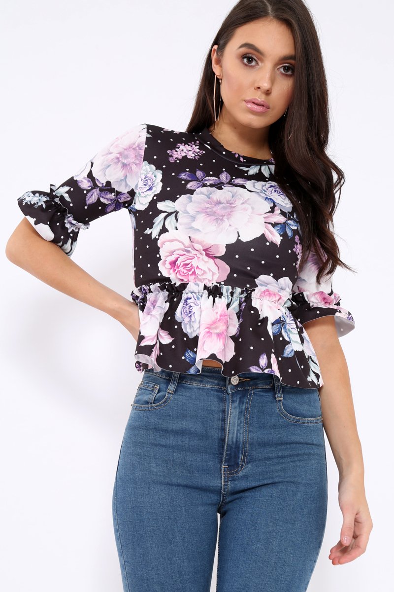 Black Floral Ruffle Peplum Top - Kyriee-Tops