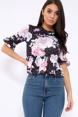 Black Floral Ruffle Peplum Top - Kyriee-Tops