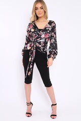 Black Floral Ruffle Sleeve Wrapover Top - Hayla-Tops