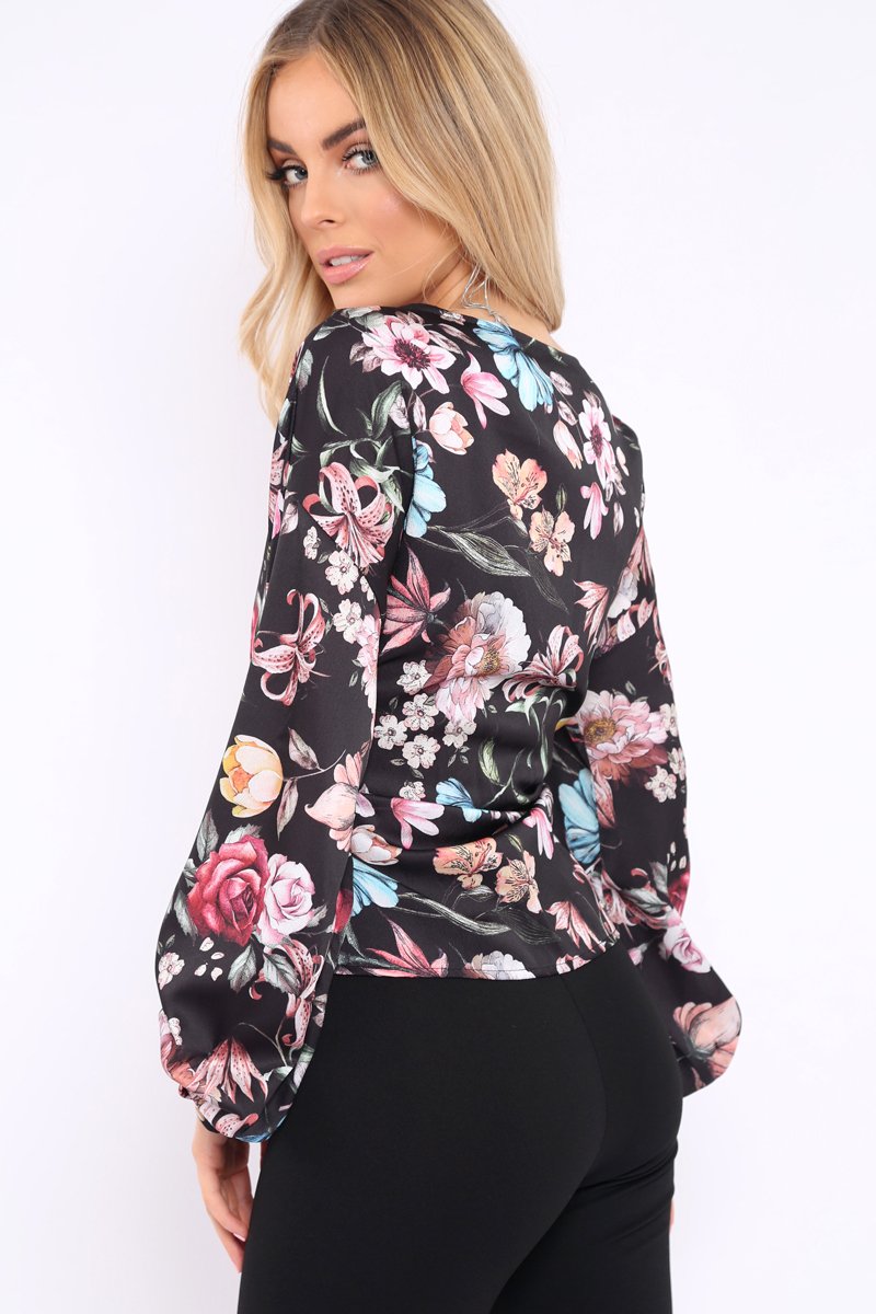 Black Floral Ruffle Sleeve Wrapover Top - Hayla-Tops