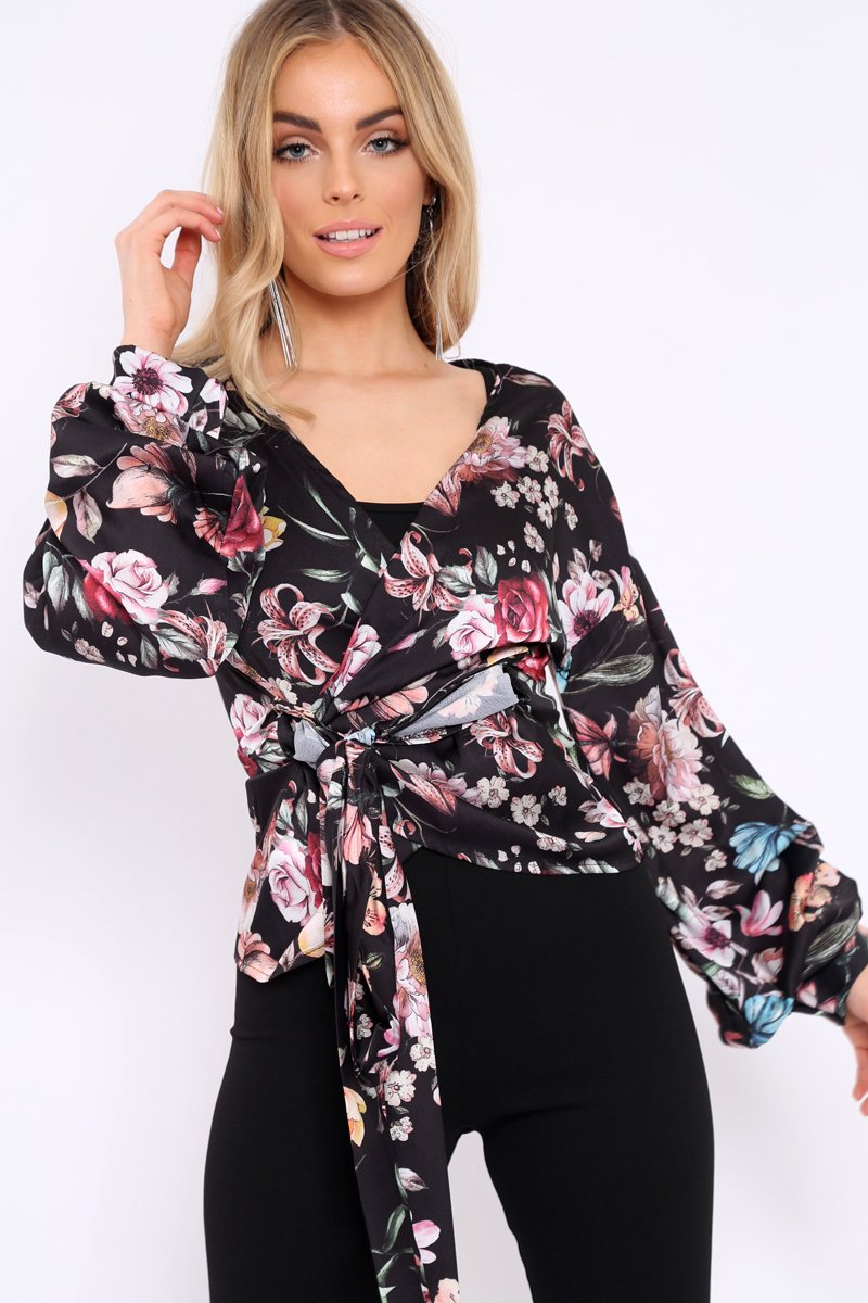 Black Floral Ruffle Sleeve Wrapover Top - Hayla-Tops