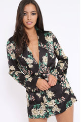 Black Floral Satin Blazer Dress - Erica-Dresses