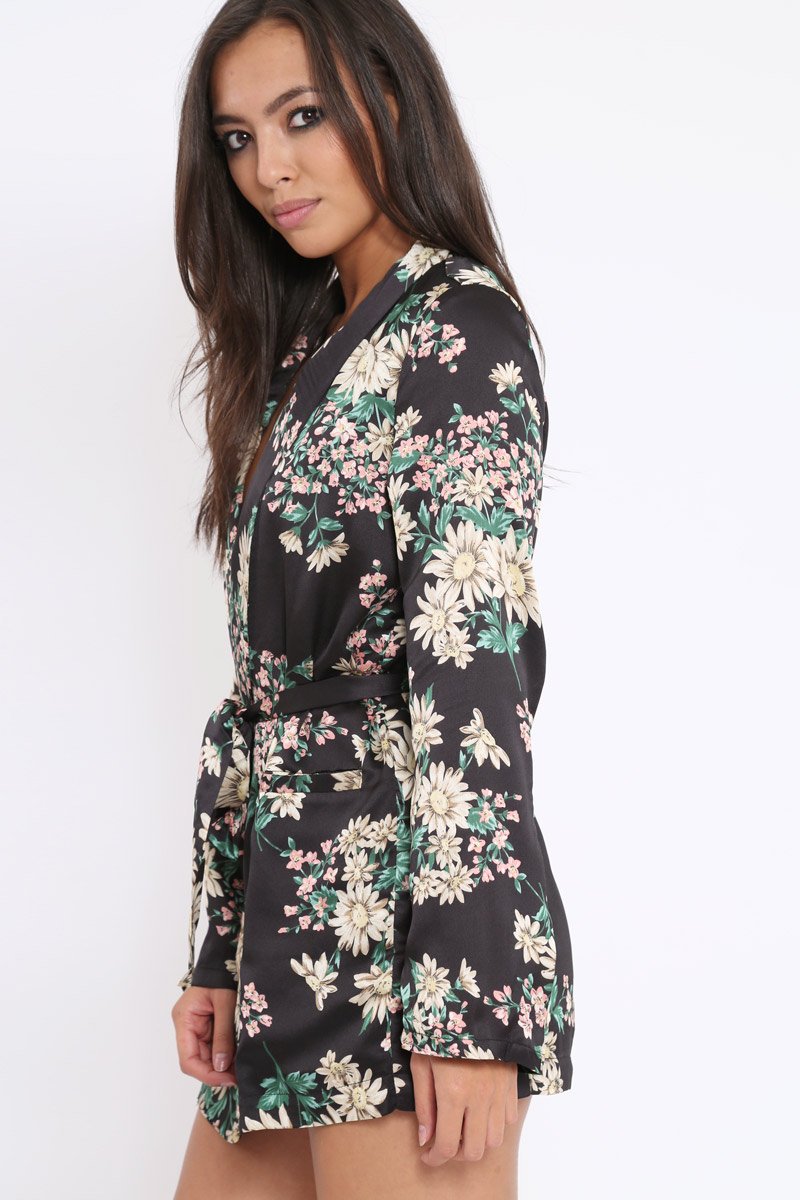 Black Floral Satin Blazer Dress - Erica-Dresses