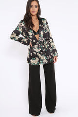 Black Floral Satin Blazer Dress - Erica-Dresses