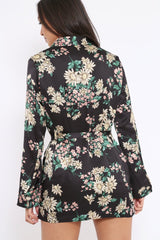 Black Floral Satin Blazer Dress - Erica-Dresses