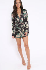 Black Floral Satin Blazer Dress - Erica-Dresses