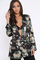 Black Floral Satin Blazer Dress - Erica-Dresses