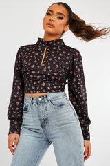 Black Floral Satin Cut Out Backless Crop Top - Cary-Crop Tops