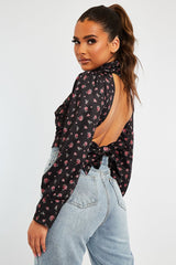 Black Floral Satin Cut Out Backless Crop Top - Cary-Crop Tops