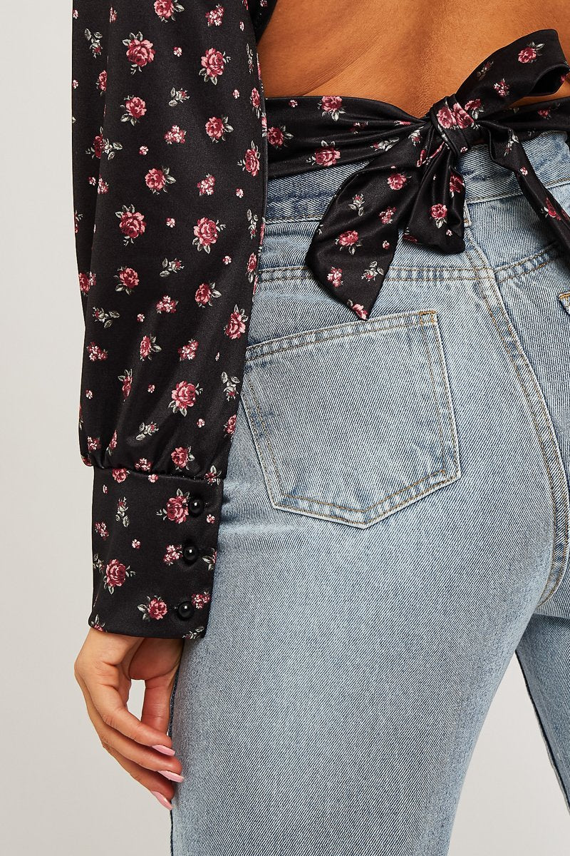 Black Floral Satin Cut Out Backless Crop Top - Cary-Crop Tops
