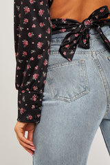 Black Floral Satin Cut Out Backless Crop Top - Cary-Crop Tops