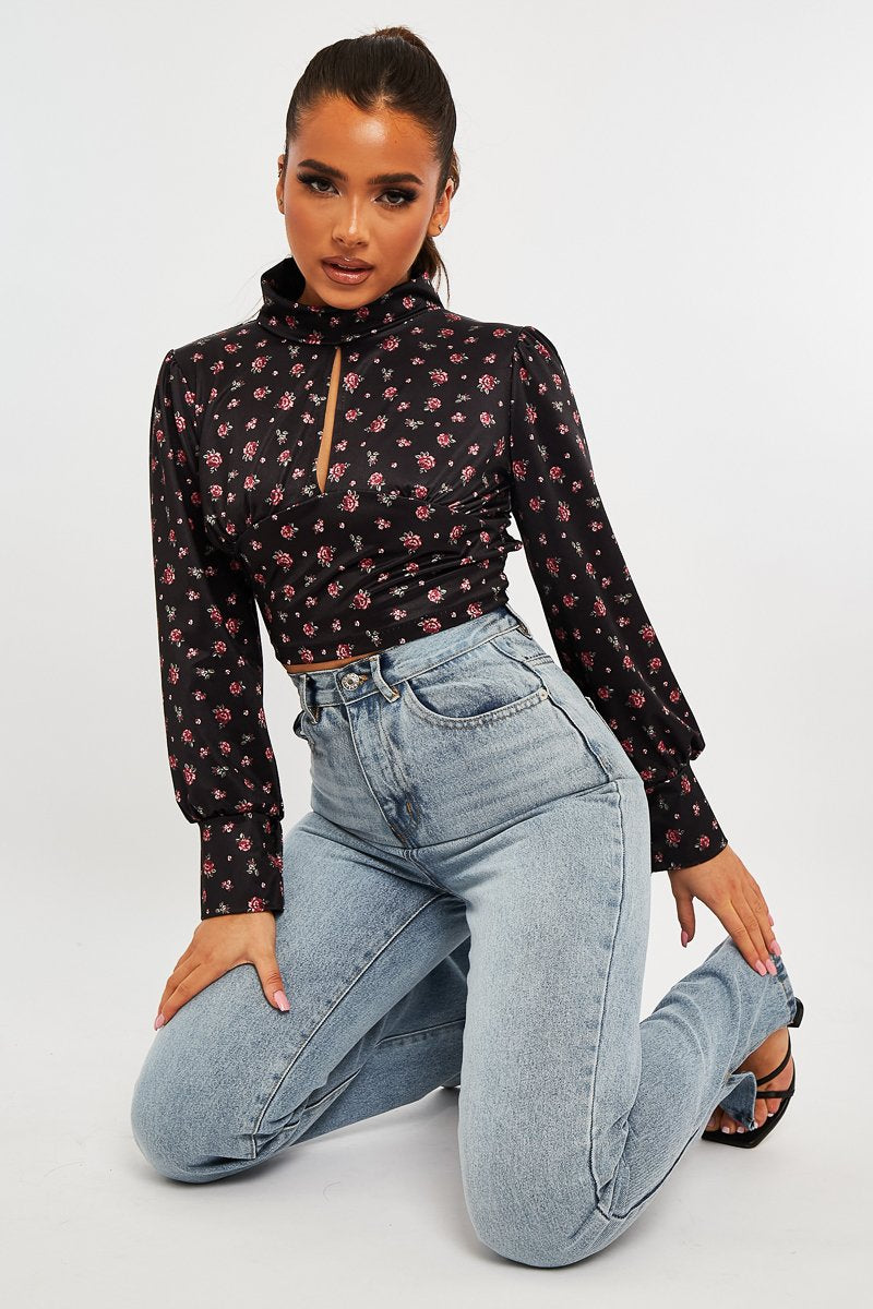 Black Floral Satin Cut Out Backless Crop Top - Cary-Crop Tops