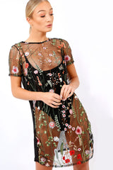 Black Floral Sheer Shift Dress - Crystal-Dresses