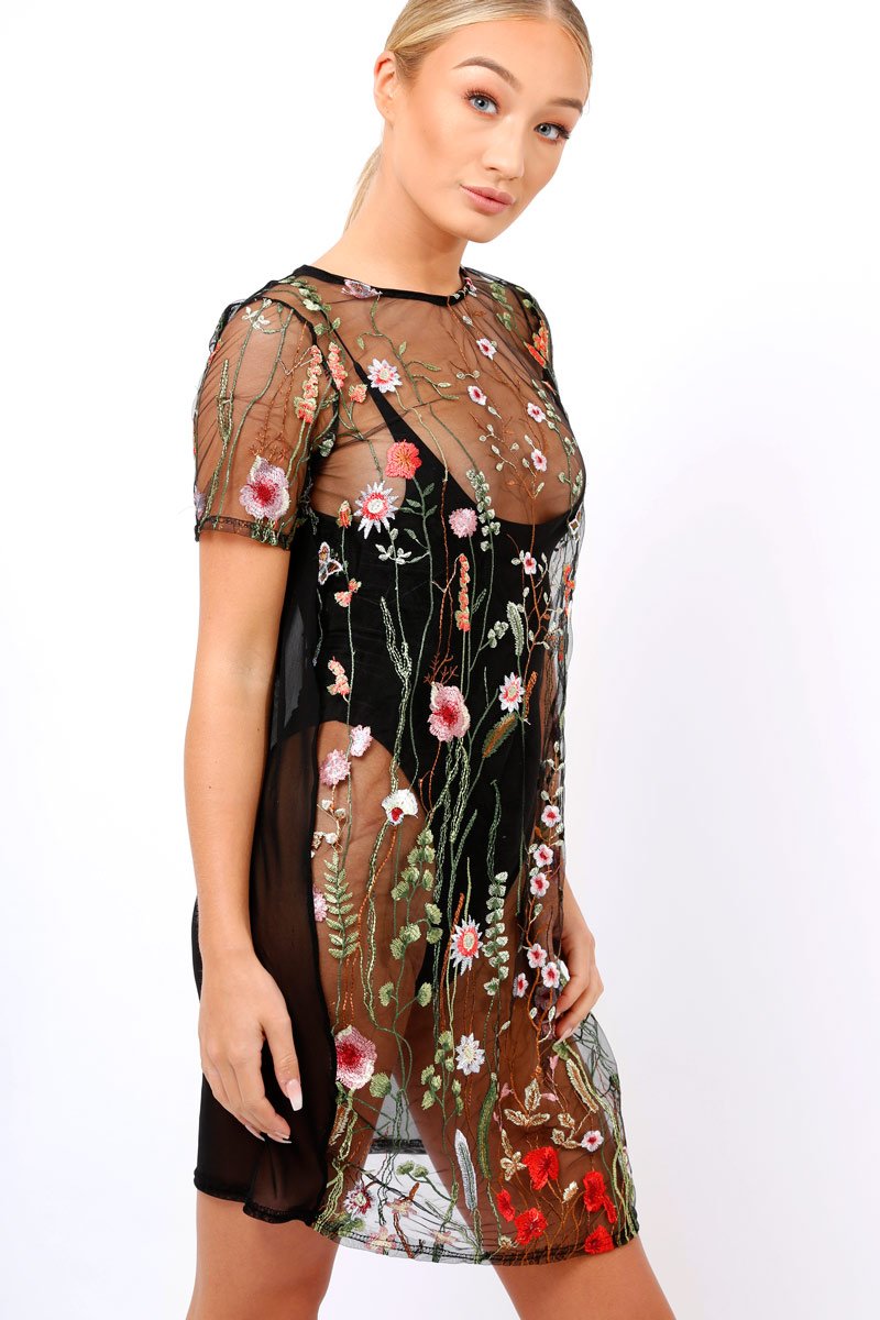 Black Floral Sheer Shift Dress - Crystal Rebellious Fashion Black Floral Sheer Shift Dress - Crystal Rebellious Fashion
