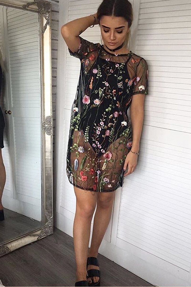 Black Floral Sheer Shift Dress - Crystal Black Floral Sheer Shift Dress - Crystal