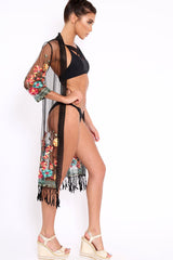 Black Floral Sheer Tassel Trim kimono - Jaxon-Kimono