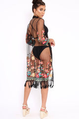 Black Floral Sheer Tassel Trim kimono - Jaxon-Kimono