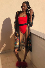 Black Floral Sheer Tassel Trim kimono - Jaxon-Kimono