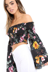 Black Floral Shirred Flared Sleeve Top - Jaasia-Tops