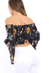 Black Floral Shirred Flared Sleeve Top - Jaasia-Tops